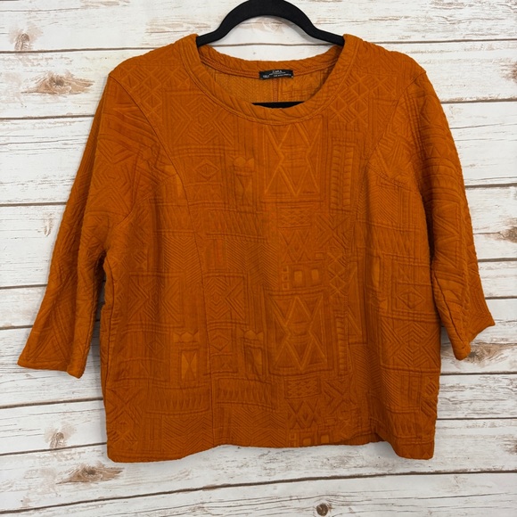Zara Orange Jacquard 3/4 Sleeve Pullover Sweater - Picture 1 of 5